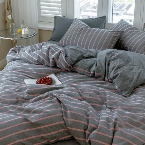 Gray & Pink Striped Duvet Cover Twin XL 3Pcs Jersey Knit Reversible Bedding