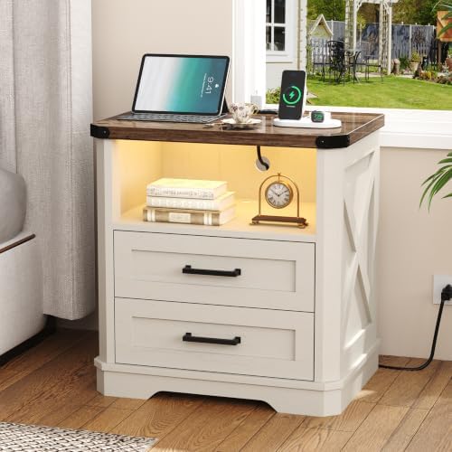 Yusong 23.62" Tall Night Stand, LED Nightstand with Charging Station, Modern Night Stand, Wood Sofa Couch End Side Table with 2 Pull-Out Shelf, White