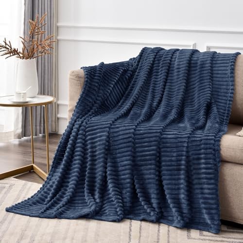 BEDELITE 3D Ribbed Navy Blue Fleece Throw Blanket for Couch, 50x70 Inch