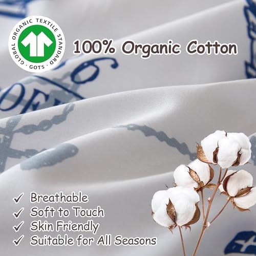 Simple&Opulence 100% Organic Cotton Duvet Cover for Kids Teens,3 Pieces Soft Cartoon Comforter Cover with Zipper Closure, Boys Bedding Set - Sailboat,Twin