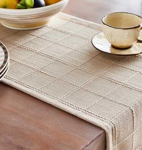 ZeeMart Linen Checked Farmhouse Table Runner, 13x108 Inches Neutral Beige