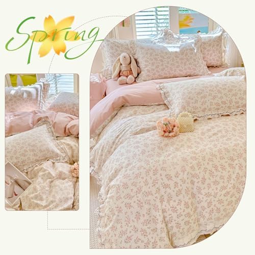 HighBuy Boho Pink Floral Duvet Cover Twin Size,100% Cotton Soft Coquette Ruffle Botanical Bedding Duvet Cover Set,Vintage Princess Flowers Shabby Chic Farmhouse Duvet Cover and Pillow Shams