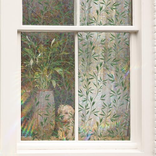 Rainbow Window Privacy Film, Green Vines Static Glass Clings 17.5" x 78.7"