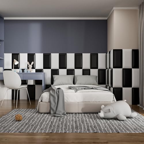 Peel and Stick Headboard Blue Upholstered Wall Panels, 3D Anti-Collision Soundproof Self-Adhesive Wall Panel for Bedroom (Black, 12PCS-7.8" x 15.7")