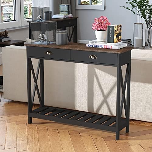 ChooChoo Farmhouse Console Table with Drawer for Entryway, Narrow Long Entry Table with Shelf for Living Room, Rustic Vintage Hallway Sofa Table with Stable X Supports, 40 Black