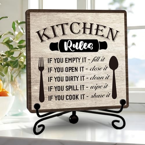 DETIHO Farmhouse Kitchen Decor, Rustic Kitchen Rules Sign Counter Decor