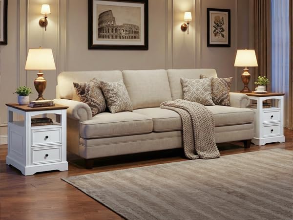 RALGEND Farmhouse End Table with 2 Drawers and Open Shelf, White and Walnut