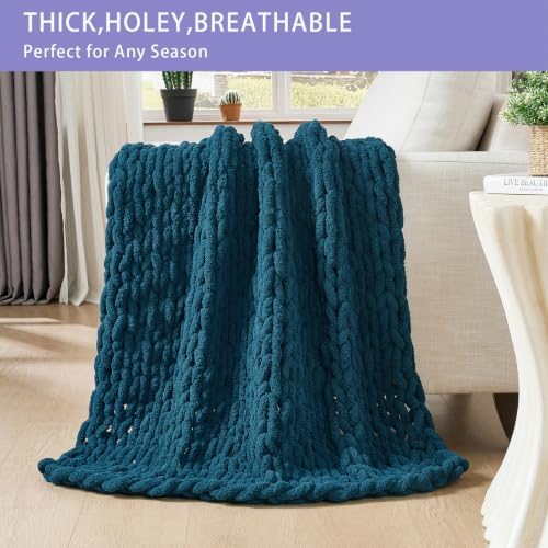 Bigacogo Chunky Knit Throw Blanket for Couch, 51x63 inches, Deep Sea Blue