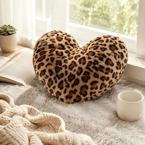Leopard Heart Pillow Small Cheetah Print Love Pillows Soft Faux Fur Heart Shaped Decorative Pillow Cushion for Bed, Sofa, Couch, Bedroom & Living Room 13 x 10 Inch