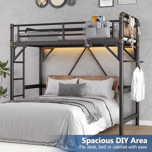 Twin Size Loft Bed with LED Lights and Charging Station, Industrial Heavy Duty Metal Loft Bed Frame with Ladder and Guardrail for Kids Adults, Small Space Saving Design for Bedroom Dorm, Vintage Brown