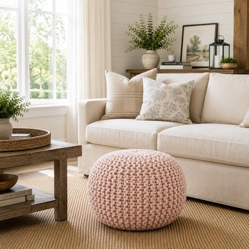 Casafield Round Pouf Ottoman, Light Pink - 20" Diameter x 14.5" High Cotton Knit Foot Stool - Boho Floor Pouffe for Living Room, Bedroom, Home Office