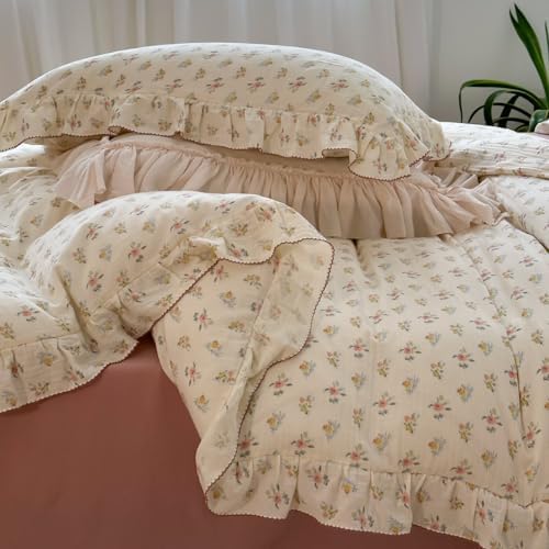 BuLuTu Muslin Duvet Cover Full with Ruffles, Shabby Chic Azalea Floral Bedding for Kids Teens Girls Boys, Comforter Cover Breathable Soft Gauze Cotton Quilt Cover with Zipper & Corner Ties