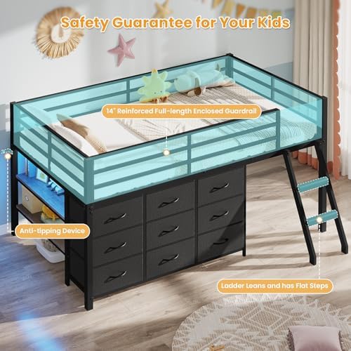 Low Loft Bed Twin Size with 9 Storage Drawers, LED Lights Loft Bed