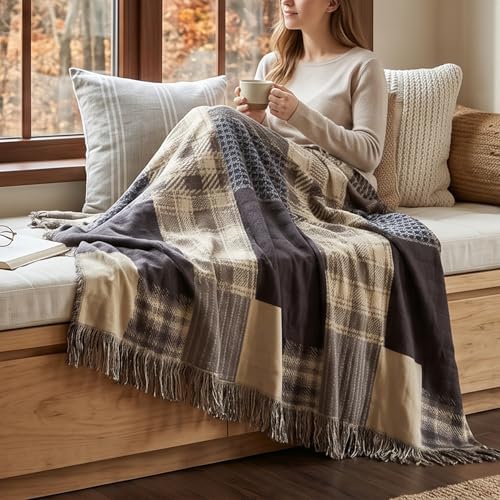 Bailix Boho Throw Blanket, 100% Cotton, Woven Patchwork Pattern, 50"x60"