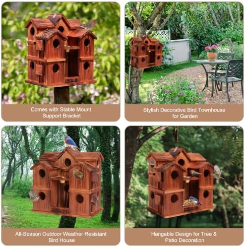10-Room Bird House for Outside, Carbonized Wood Birdhouses for Outdoor