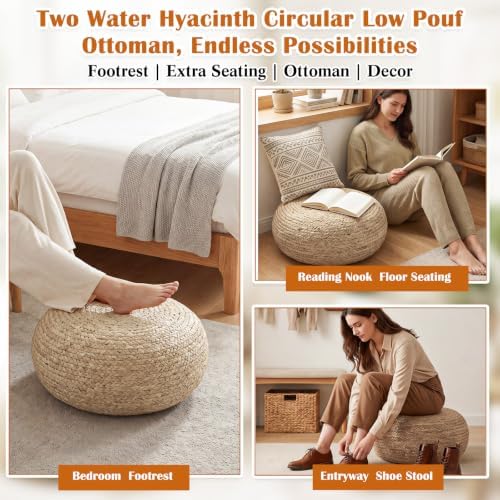 Briwooody 2 Pcs Handmade Round Water Hyacinth Low Pouf Ottoman