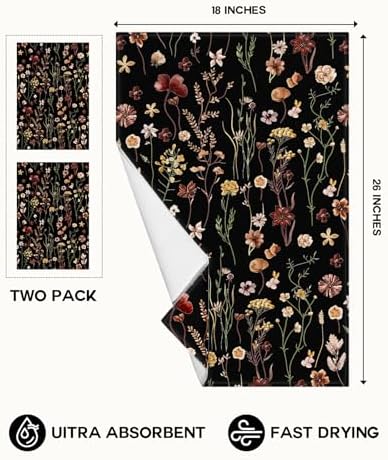 Miss Adola Cute Kitchen Towels Set of 2, 18 x 26 Inch, Black Flower