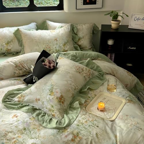 Romantic Ruffle Floral Duvet Cover Set Twin Sage Green