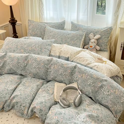 Blue Floral Duvet Cover Set Twin Size 68"×86",100 Cotton Duvet Cover with 2 Pillowcases,Zipper Bedding Set for Kids Teen Girls Women,Breathable Soft Comforter Covers 68"×86"