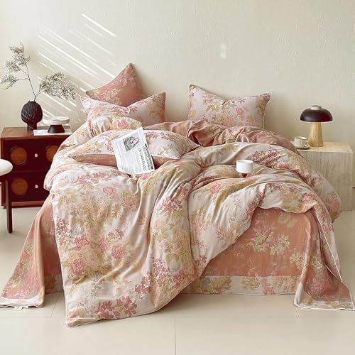 HighBuy Girl French Duvet Cover Full Size,Coquette Muslin Bedding Pink Rose Floral Muslin Cotton Comforter Cover Set for College,Farmhouse Chic Gauze Textured Bedding Set Breathable