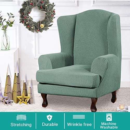 Turquoize Wingback Chair Covers 2 Piece Wing Chair Slipcover Stretch Slipcovers for Wingback Chairs Wing Chair Cover Spandex Jacquard Fabric with Elastic Bottom Non-Slip Furniture Cover, Cyan