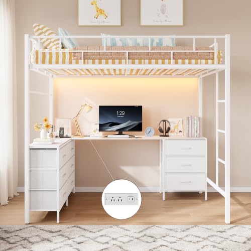 Twin Size Loft Bed with L-Shaped Desk and Storage, White