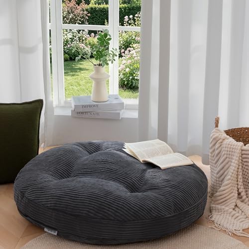 HIGOGOGO 35" Floor Pillow Cushion for Adults, Meditation Cushion Pillow, Extra Large Square Floor Sitting, Tufted Corduroy Cover for Tatami Living Room or Yoga, Dark Grey