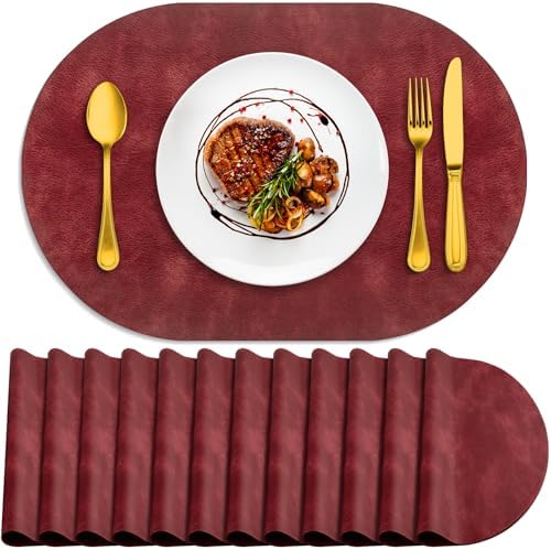 ADRIMER Oval Placemats Set of 12, Wipeable Faux Leather, Wine Red