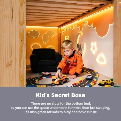Low Loft Bed Twin Size with Storage Cabinet for Kids, Natural Wood