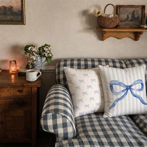 Blue Coquette Bow Pillow Covers 18x18 Set of 2, Preppy Room Decor
