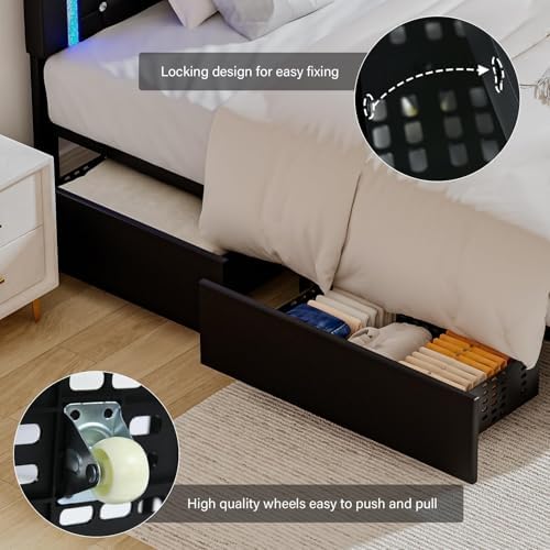 BarnFurin King Size Bed Frame with LED Headboard and Storage Drawers,Black
