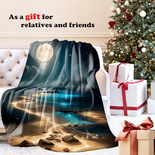 Full Moonlight Coastal Throw Blanket for Couch, Gifts for Beach Lovers, Mystical Celestial Ocean Throw Blanket for Home Bedroom Living Room Beach House Decoration, 50x60 Inches