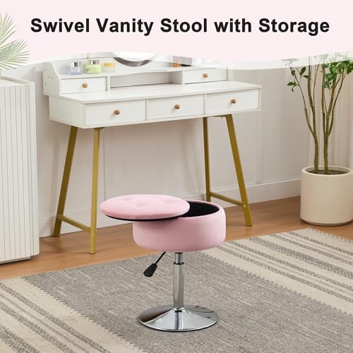 Pink Swivel Vanity Stool With Storage Vanity Chair for Makeup Room Ottoman