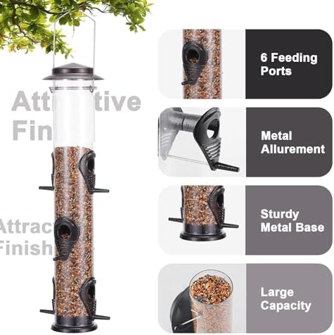 MIXXIDEA 1PK Metal Bird Feeders with 6 Feeding Ports,Tube Bird Feeder with Steel Hanger,Hard Plastic Wild Bird Feeder for Outdoors Hanging, Attracting Birds in Your Lawn, Garden, Balcony–Coffee