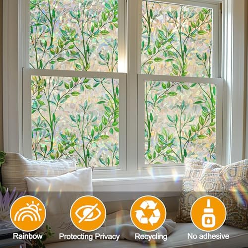 Countewol Privacy Window Films Stain Glass Cling No Glue Anti-UV Window Sticker for Bathroom Bedroom Living Room(Leaf Rainbow 157.4" L*17.5" W)