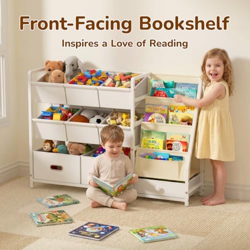 Kids Toy Storage Organizer, Kids Bookshelf and Toy Storage with 9 Bins, Montessori Toddler Bookshelf, Playroom Storage Organization, Baby Book Shelf for Kids Rooms, Nursery, White