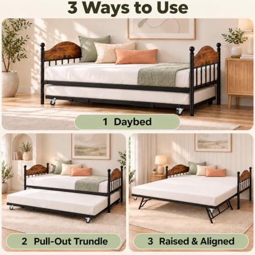 Daybed with Trundle, Metal Twin Size Day Bed with Stylish Headboard, Sofa BedFrame with Pop Up Foldable Trundle Bed, Heavy Duty Steel Slats Platform for Living Room, Bedroom and Guest Room, Brown