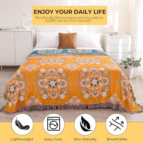Yellow Floral Rustic Boho Blanket for Bed Couch Travel 60''x 80''