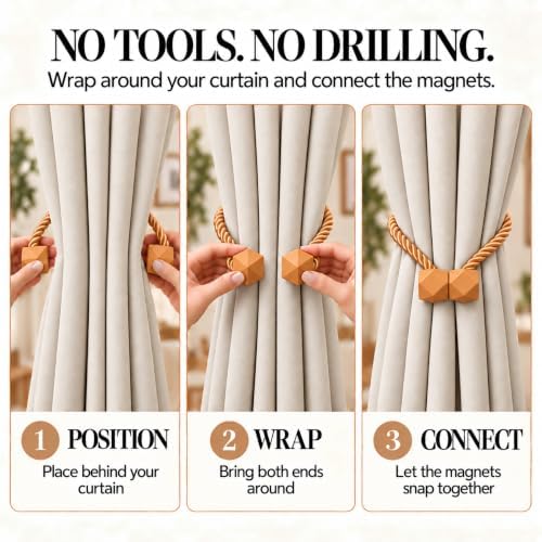 NazTur Magnetic Curtain Tiebacks, Curtain Ties, No-Drill Holdbacks (4 Pack)