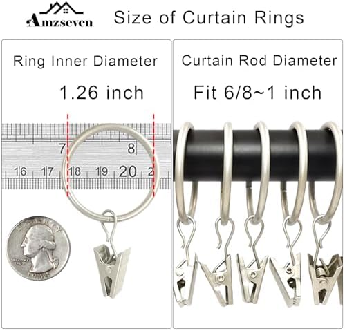 40 Pack Metal Curtain Rings with Clips, 1.26 in ID, Matte Silver