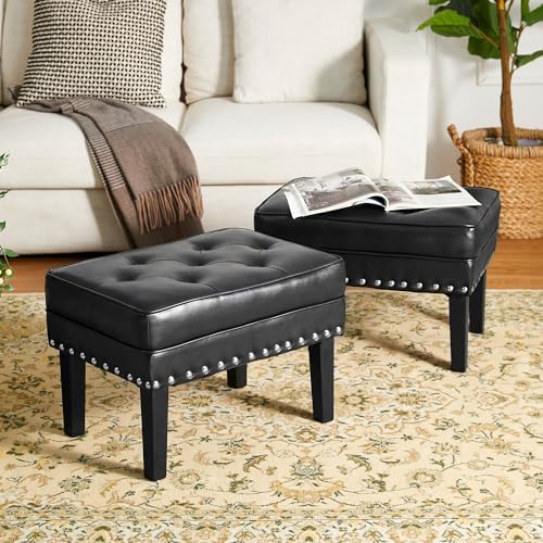 Glitzhome Ottoman Stool, Mid-Century Modern PU Leather Vanity Accent Stool Chair, Makeup Stools Footrest Side Table for Living Room Vanity Enterway, Black, Set of 2