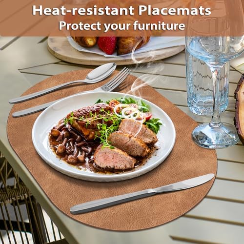 ADRIMER Oval Placemats Set of 12, Wipeable Faux Leather, Sandy Light Brown