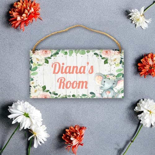 Personalized Floral Grey Elephant Door Sign Kids Room Decor Custom Name Boys Girls Bedroom Toddler Baby Nursery Hanging Art Wood Wall Plaque