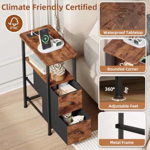Somdot Narrow End Table Set of 2, Charging Station, Side Table, 2 Drawers