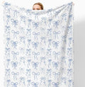 Blue Bow Throw Blanket for Couch, Girly Room Decor Aesthetic, Coquette Blue Ribbon Bow Throw Blanket for Girls Bedroom Dorm Living Room Home Decoration, 50x60 Inches