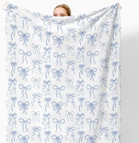 Blue Bow Throw Blanket for Couch, Girly Room Decor Aesthetic, Coquette Blue Ribbon Bow Throw Blanket for Girls Bedroom Dorm Living Room Home Decoration, 50x60 Inches