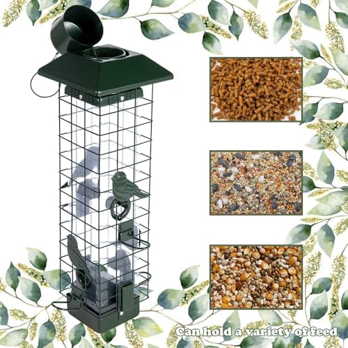 Squirrel Proof Bird Feeders for Outdoors, Metal Wild Bird Feeder for Outside Hanging, 4 Ports Perches, 3LB Large Capacity (Green)