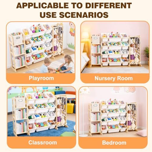 Kids Toy Storage Organizer with Bookshelf and Stuffed Animal Storage, 12 Removable Toy Bins and 1 Bonus Fabric Bin, Wooden Organizer for Playroom and Nursery, White