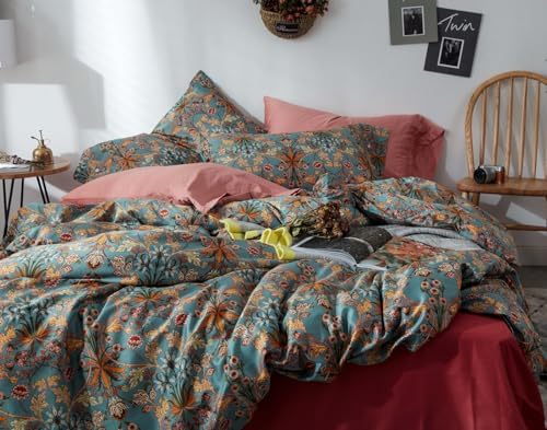 Green Flower Duvet Cover Set Twin,Aesthetic Boho Bedding Set Percale Cotton Royal Floral Comforter Cover with Zipper Closure