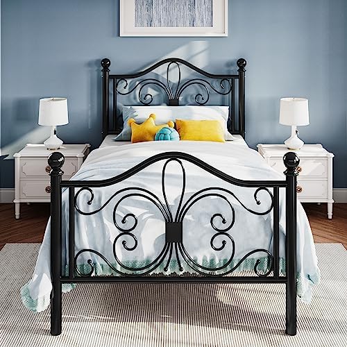 SHA CERLIN Twin Size Metal Bed Frame with Butterfly Headboard, Black